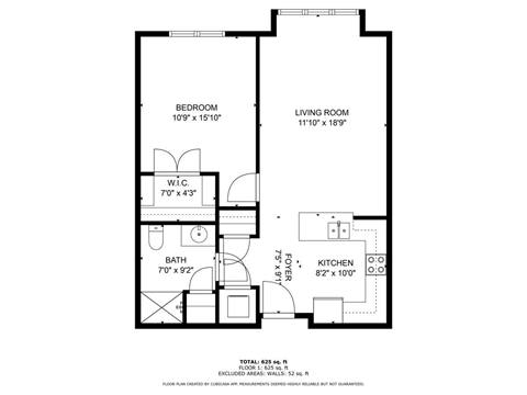 Floor plan for 1 bed, 1 bath, 682 sqft